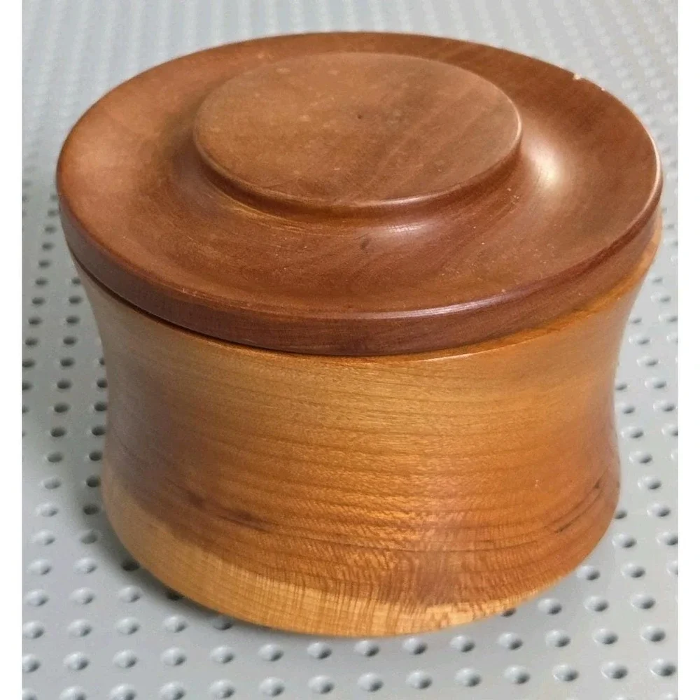 Vintage Black‎ Cherry Wood Round Trinket Stash Spice Box Container with Lid